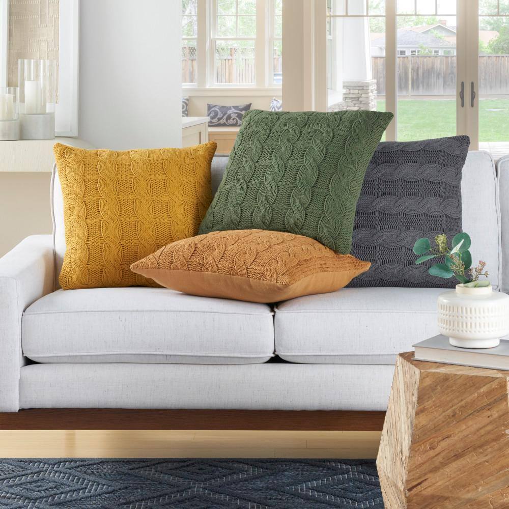 Yellow Cotton Knitted 18" Square Throw Pillows Set of 2