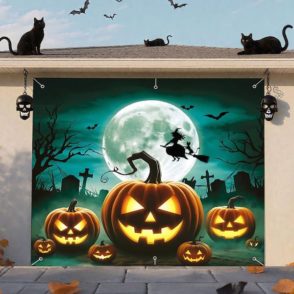 N/A Halloween Garage Door Banner w/Spooky Moon Night Design