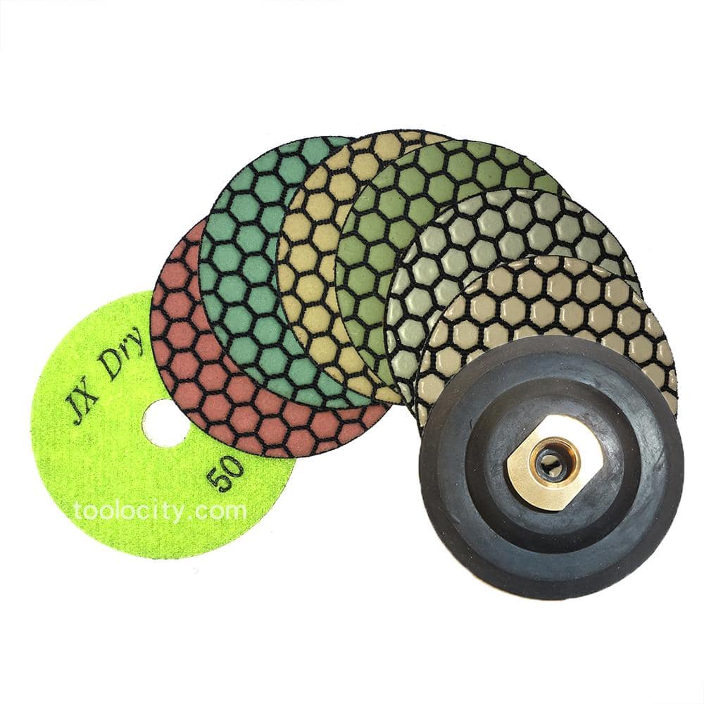 4 in. Dry Diamond Polishing Pads/Discs Set of 7 Pads with Semi-Rigid Back Holder