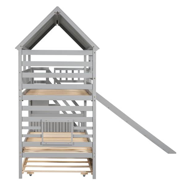 Gray Twin over Twin Wood House Bunk Bed with Twin Size Trundle, Slide, Storage Staircase, Roof and Window Design