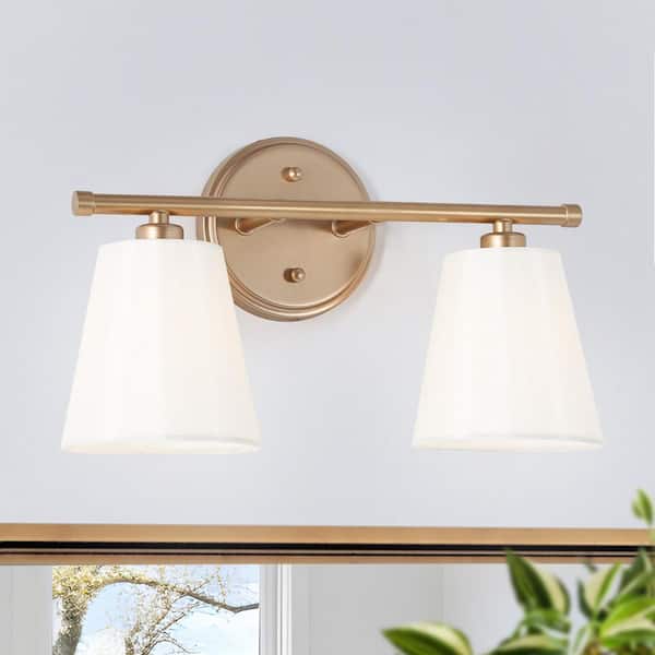 Modern Farmhouse Gold Bathroom Wall Sconce, 14.6 in. 2-Light Gold Vanity Light with Fabric Shades