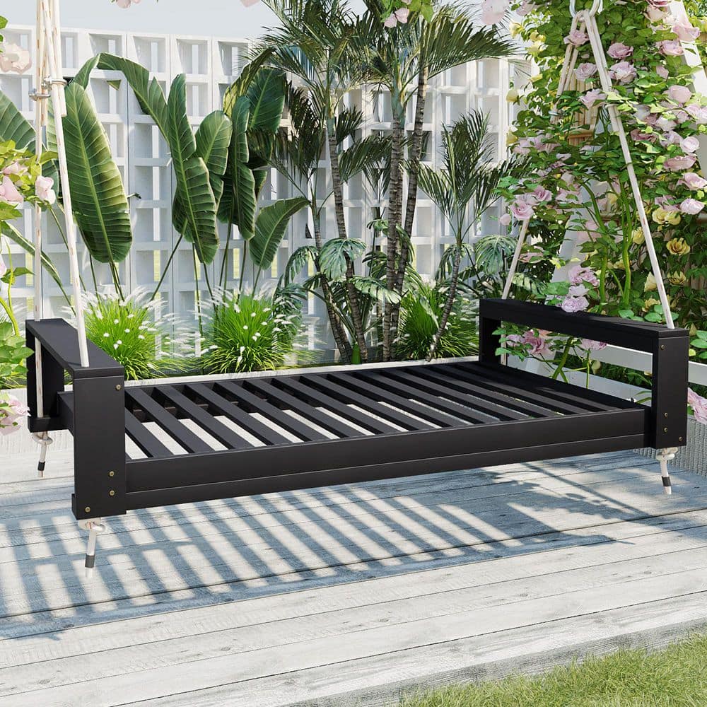 2-Person Black Wood Porch Swing with Hemp Ropes for Backyard price history on PriceWatchPro