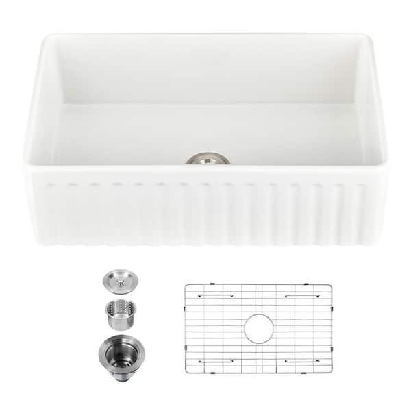 PROOX White Fireclay 33 in. Single Bowl Farmhouse Apron Kitchen Sink with Bottom Grid and Basket Strainer