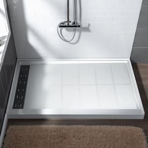 Krasik 60 in. L x 30 in. W Alcove Solid Surface Shower Pan Base with Left Drain in White with Matte Black Cover