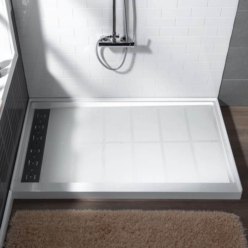 Krasik 60 in. L x 34 in. W Alcove Solid Surface Shower Pan Base with Left Drain in White with Matte Black Cover price history on PriceWatchPro
