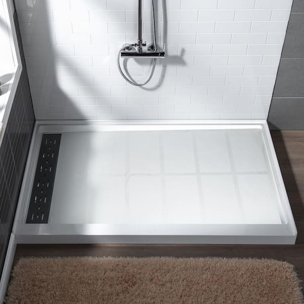WOODBRIDGE Krasik 60 in. L x 36 in. W Alcove Solid Surface Shower Pan Base with Left Drain in White with Matte Black Cover