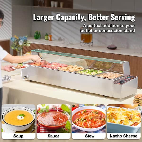 Commercial Food Warmer, 5 x 8 qt. Electric Steam Table with Glass Cover, 1700W Countertop Stainless Steel, Silver 5-Pan