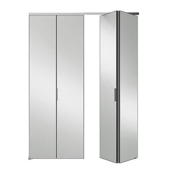 60 in. x 80 in., Mirrored Glass, Black, Hollow Core, MDF, Aluminum Frame, Full Lite Bi-fold Doors with Hardware Kits