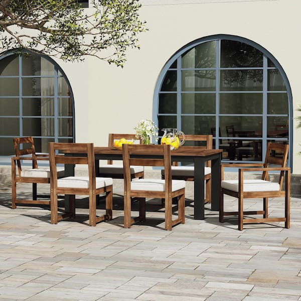 Unbranded 7-Piece Mocha Wood Outdoor Dining Set with Umbrella Hole