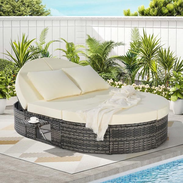 Zeus & Ruta Gray Wicker Outdoor Day Bed with Beige Cushions, Pillows, Adjustable Backrests and Foldable Cup Trays