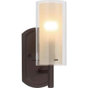 Regina 1-Light 4.25 in. Antique Bronze Bathroom Vanity Wall Sconce Mount Outer Clear & Inner Amber Glass Cylinder Shades