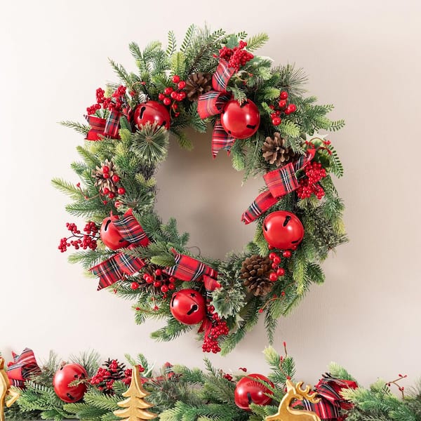 Glitzhome 26 in. D Christmas Unlit Bell Pinecone and Berry Bow