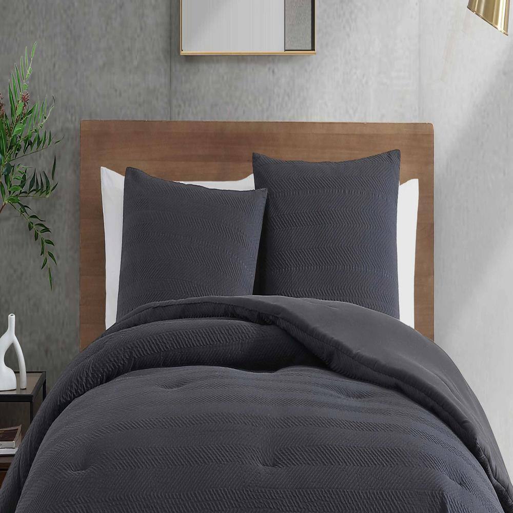 Black Microfiber Twin Duvet Cover Set with Gathered Embellishment