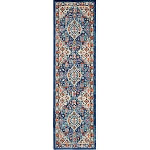 Passion Blue/Multicolor 2 ft. x 8 ft. Bordered Transitional Kitchen Runner Area Rug
