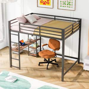 Black Full Size Metal Loft Bed with Built-in Wood Desk, 4-Tier Shelves