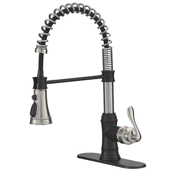 HOMEMYSTIQUE Single Handle Pull Down Sprayer Kitchen Faucet with Advanced Spray, Pull Out Spray with Deck Plate in Black and Nickel