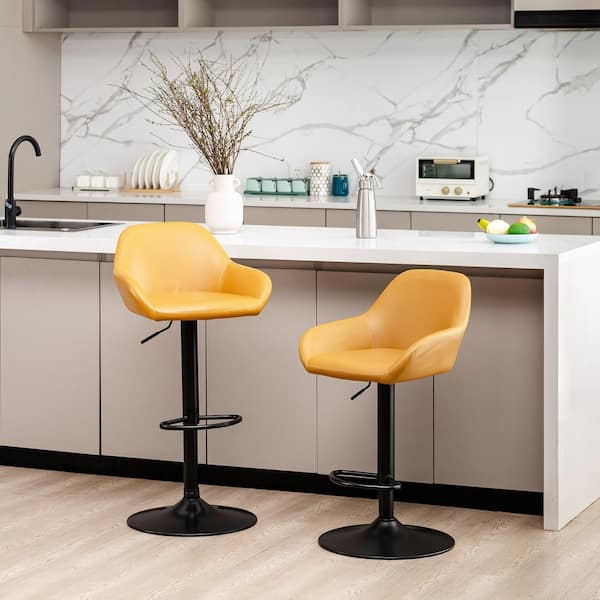 42 in. Mid-Century Modern Mustard Yellow Leatherette Gaslift Adjustable Swivel Bar Stool, set of 2
