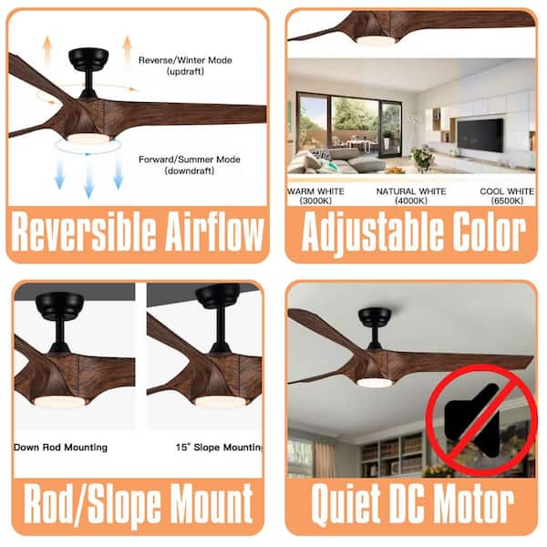 56 in. Ceiling Fan with Integrated LED Light and Brown Wood Grain ABS Blades Included with Remote, Downrod Mount