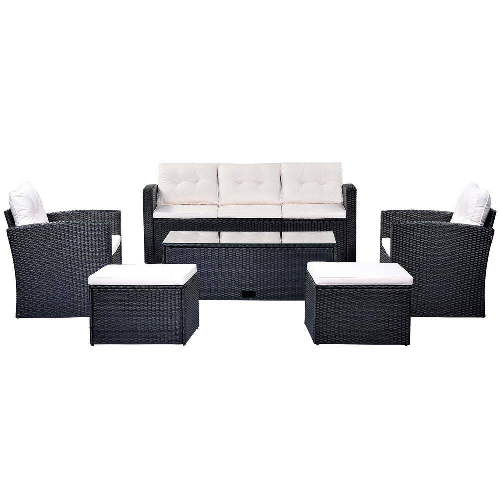 6-Piece Black Wicker Patio Dining Conversation Set with Coffee Table and Removable Beige Cushions price history on PriceWatchPro