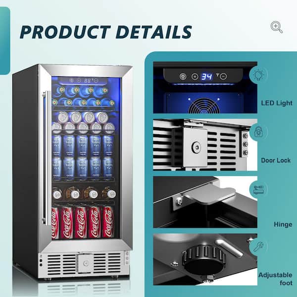 23 in. Single Zone 127-Cans Freestanding/Built-in Beverage and Wine Cooler in Black with Visible Glass Door