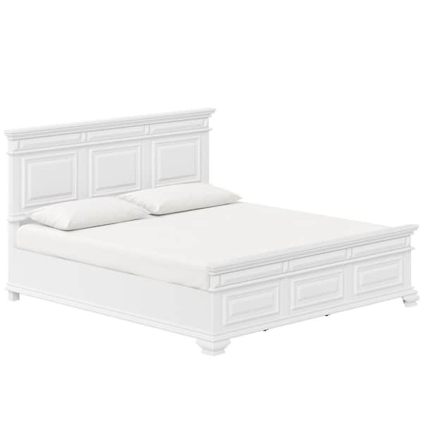 Abner White Solid Wood Frame King size Platform Bed with Slat, Tall Headboard, and Footboard