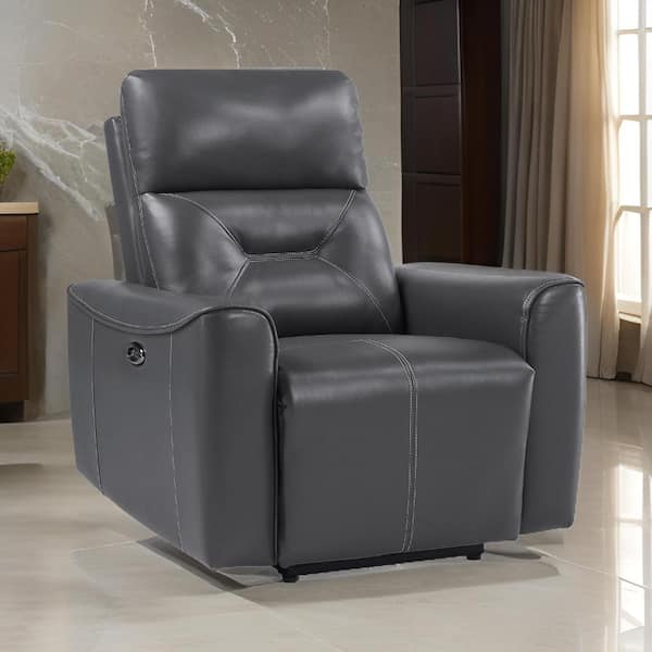 Benjara Dark Gray Faux Leather Power Recliner with Solid Wood