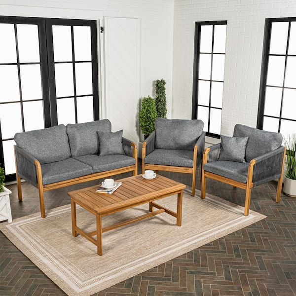 Tavira 4-Piece Modern Bohemian Acacia Wood Outdoor Patio Set and Plain Decorative Pillows, Gray/Teak Brown Cushions