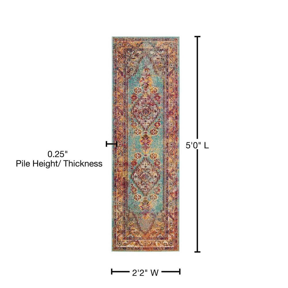 Light Blue and Orange Rectangular Cotton Oriental Rug