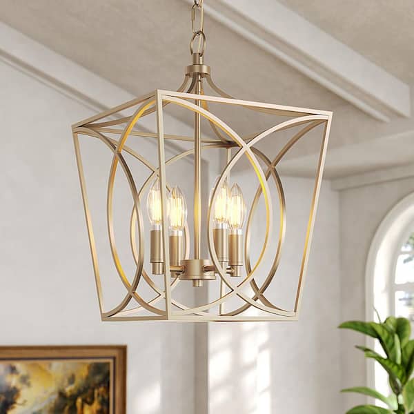 12 in. 4-Light Open Cage Metal Pendant Light, Gold Modern Chandelier for Kitchen Island, Dining Room, Foyer, Entryway