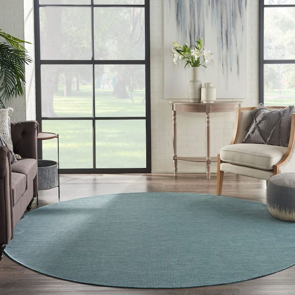 Positano Aqua 8 ft. x 8 ft. Round Solid Modern Indoor/Outdoor Patio Area Rug