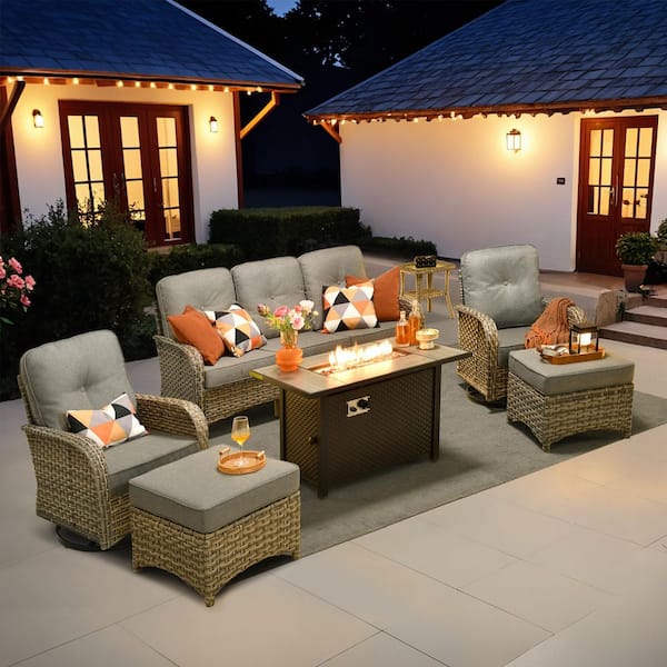 Beverly 7-Piece Wicker Patio Conversation Sofa Swivel Chairs Set with Metal Fire Pit and Dark Gray Cushions