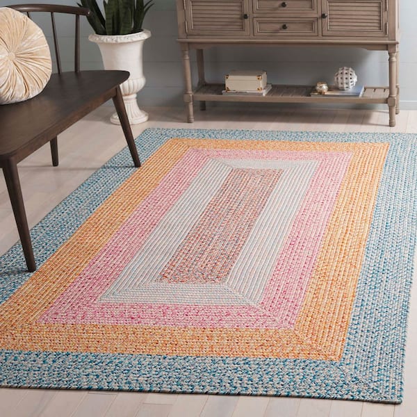 Braided Aqua/Pink 6 ft. x 9 ft. Machine Washable Solid Striped Border Area Rug