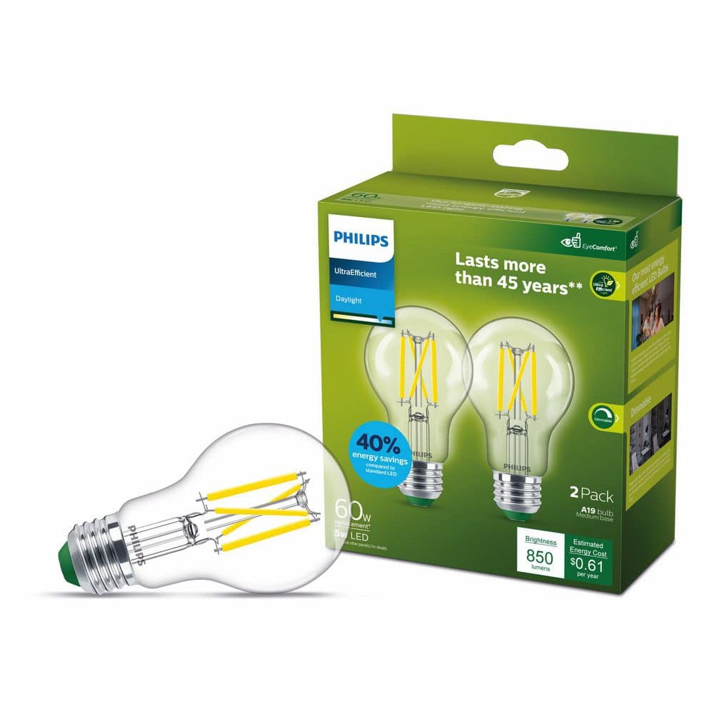 Philips 60-Watt Equivalent A19 Ultra Efficient LED Light Bulb 5000K (2-Pack)