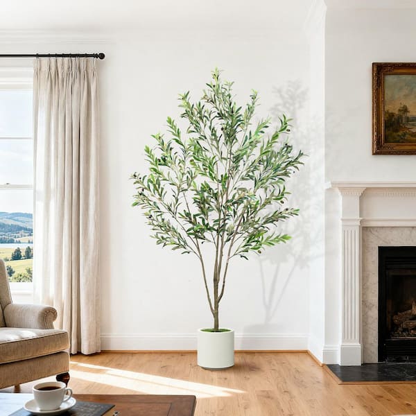 7 ft. Artificial Olive Tree in White Planter, Lifelike Faux Tree with Fruits and Moss for Home Office Decor