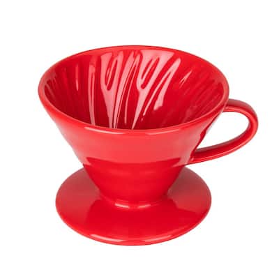 2-Cup Red Ceramic Dripper, Pour-Over Coffee Maker with Spiral Ridge Walls