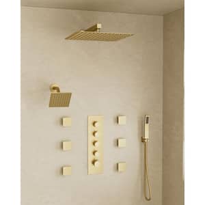 Thermostatic Valve 15-Spray 16 in. x 6 in. Dual Wall Mount and Handheld Shower Head 2.5 GPM in Brushed Gold