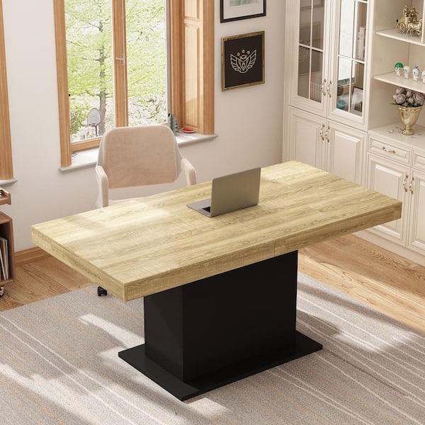 FUFU&GAGA 63- 78.7 in. Adjustable Width, Rectangle Wooden Grain Top & Black Bottom, Home Office Desk, Computer Desk, Writing Desk