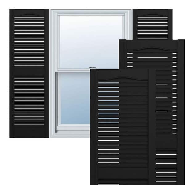 12 in. W x 57 in. H TailorMade Vinyl Cathedral Top Center Mullion, Open Louver Shutters Pair in Black