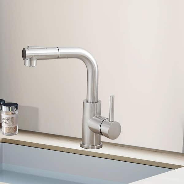 Single Handle Pull Out Sprayer Stainless Steel Kitchen Faucet in Brushed Nickel