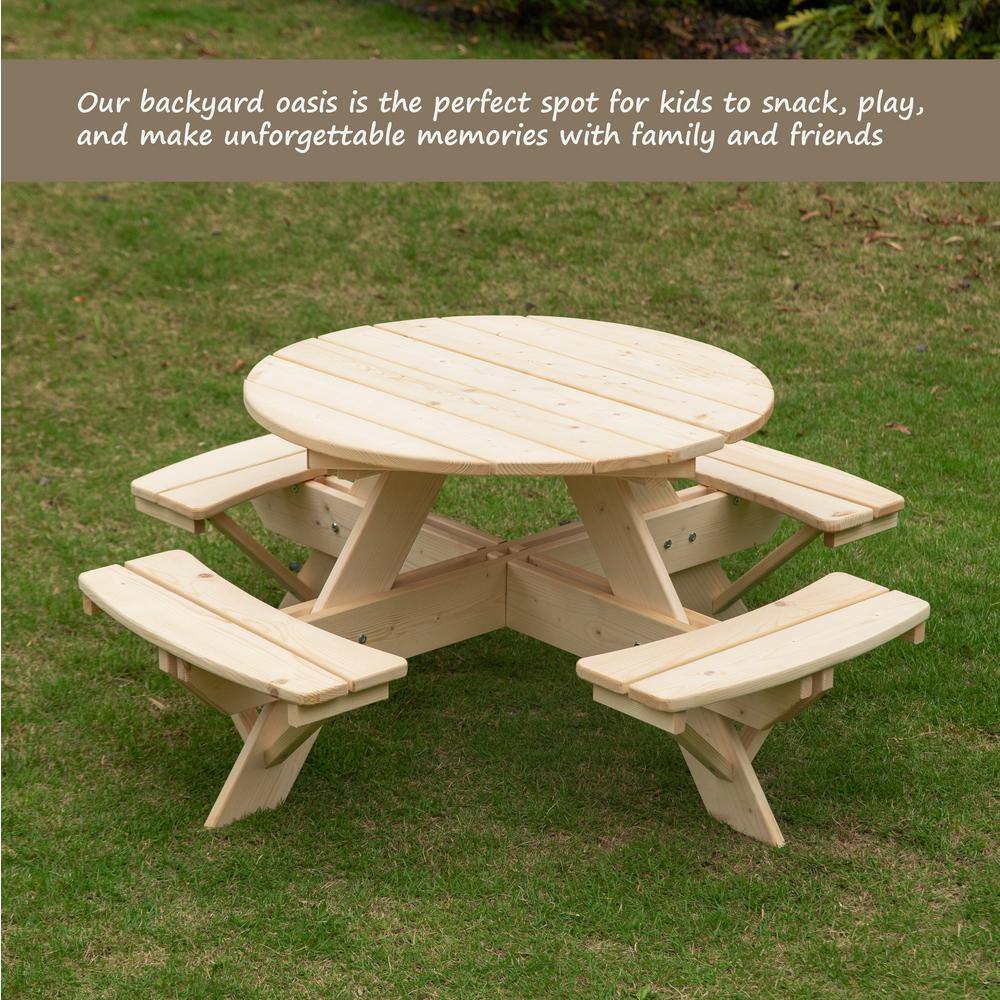 Natural Wood Round Kids Picnic Table with Benches