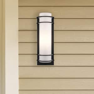 Zephyr 16.25 in. 1-Light Black Cylinder Outdoor Wall Light Fixture with Frosted Glass