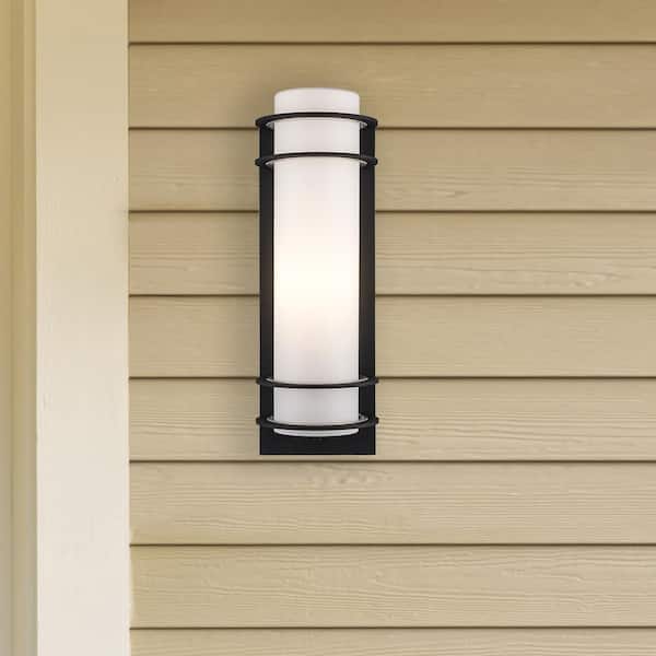 Zephyr 16.25 in. 1-Light Black Cylinder Outdoor Wall Light Fixture with Frosted Glass