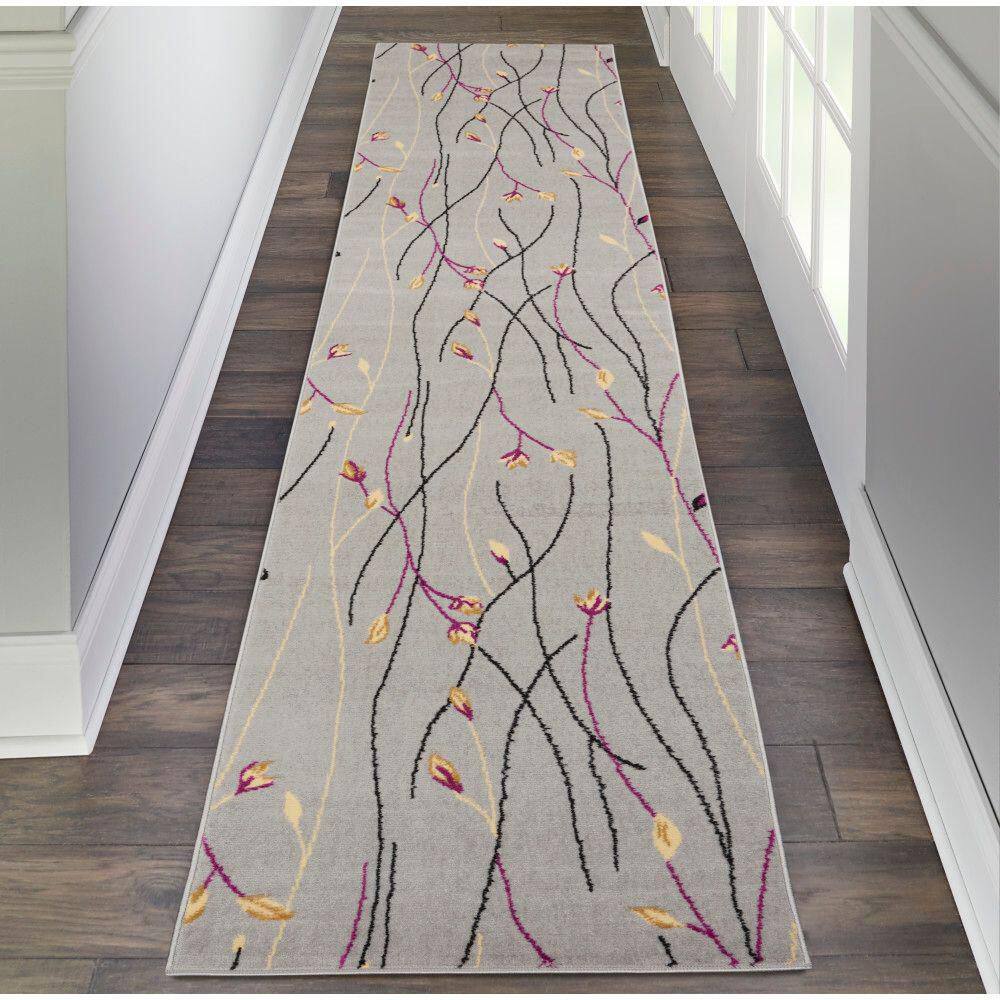 Gray Floral Power-Loomed Runner Rug with Latex Backing