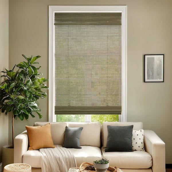Light-Filtering Cordless Bottom-Up Mesh Grey Bamboo Window Shade 59 in. W x 48 in. L