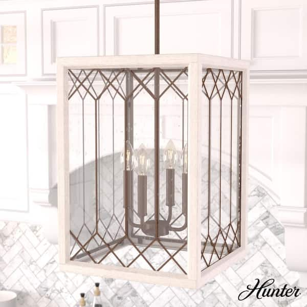 Hunter Chevron 4-Light Distressed White Lantern Pendant Light with Seeded Glass Shade