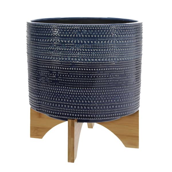 Dotted Blue 11 in. x 11 in. Ceramic Decorative Pot with Bamboo Wood Stand