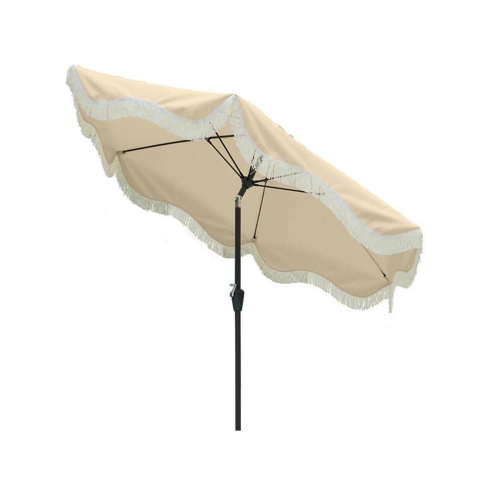9 ft Beige Round Market Umbrella with Black Metal Pole and Tassels