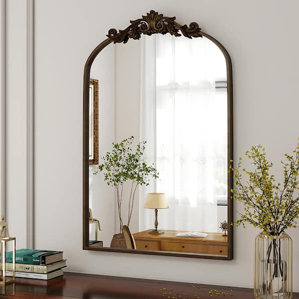 Antique Bronze 22 in. W x 30 in. H Arched Aluminum Alloy Frame with Ornate Carved Decoration Vanity Wall Mirror