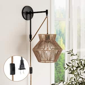Ariel 10 in. W 1-Light Bohemian Plug-in Wall Sconce, Bedside Reading Lamp with Seagrass Shade, and Woven Rope Accent