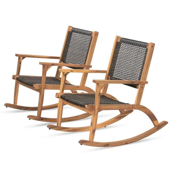 Gruisse Deep Brown Wood Outdoor Rocking Chair with Wicker Back and Seat (2-Pack)